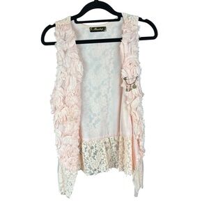 Miss Shop Pink rosette detail and Lace Vest with brooch
